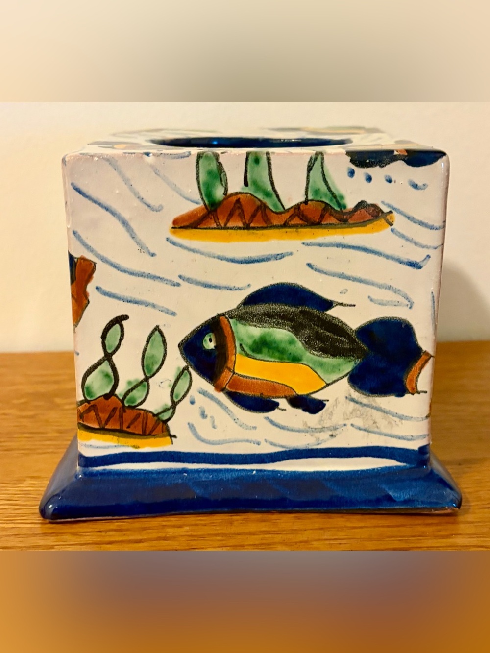 Hand-Painted Talavera Ceramic Pottery Fish Tissue Box Holder Blue, Yellow, Green